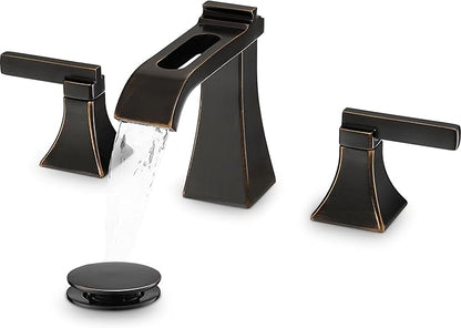 Oil Rubbed Bronze Bathroom Faucet 3 Hole, Brass Waterfall 8 Inch Widespread Bathroom Sink Faucet with Pop-Up Drain, cUPC Supply Lines, 2 Handles for Vanity, Farmhouse, Hollowed Design