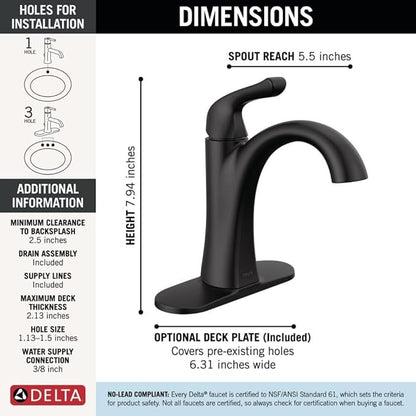 Delta Arvo Matte Black Bathroom Faucet 1 Hole, Single Hole Bathroom Sink Faucet for Vanity, Push-Pop Drain Assembly, Matte Black 15840LF-BL
