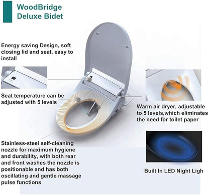 WOODBRIDGE BDI-01 Elongated Bidet Seat with Air Dryer and Stainless-Steel Nightlight | Nozzle Oscillation