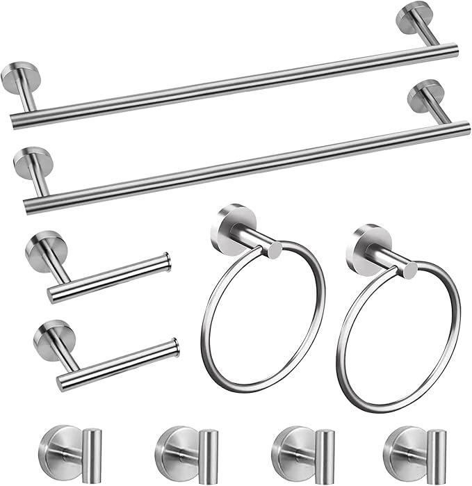 Cilee 10 Piece Brushed Nickel Bathroom Accessories Set 24inch Towel Bar Set | Brushed Nickel Towel Bar Ring + Toilet Paper Holder + Robe Towel Hook, Stainless Steel Bathroon Hardware Set