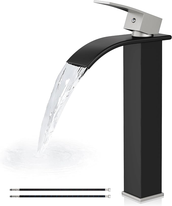 Airuida Vessel Sink Faucet,Black&Nickel Tall Waterfall Bathroom Faucet | Single Handle,Tall Bathroom Faucet 1 Hole,Vanity Faucet,without Drain,Bowl Bathroom Faucet