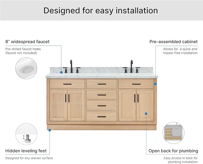 ARIEL Hepburn 72-inch Bathroom Vanity with Sink,Solid Wood, 1.5-inch Italian Carrara Marble Countertop & Backsplash, Double Oval Porcelain Sink, 4 Soft Closing Doors, 6 Dovetail Drawers, White Oak