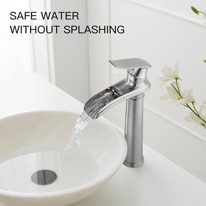 BWE Vessel Sink Faucet Brushed Nickel Tall Waterfall Bathroom Faucet Deck Mount Single Handle One Hole Lavatory Vanity Faucet with Pop Up Drain Assembly and Supply Hose