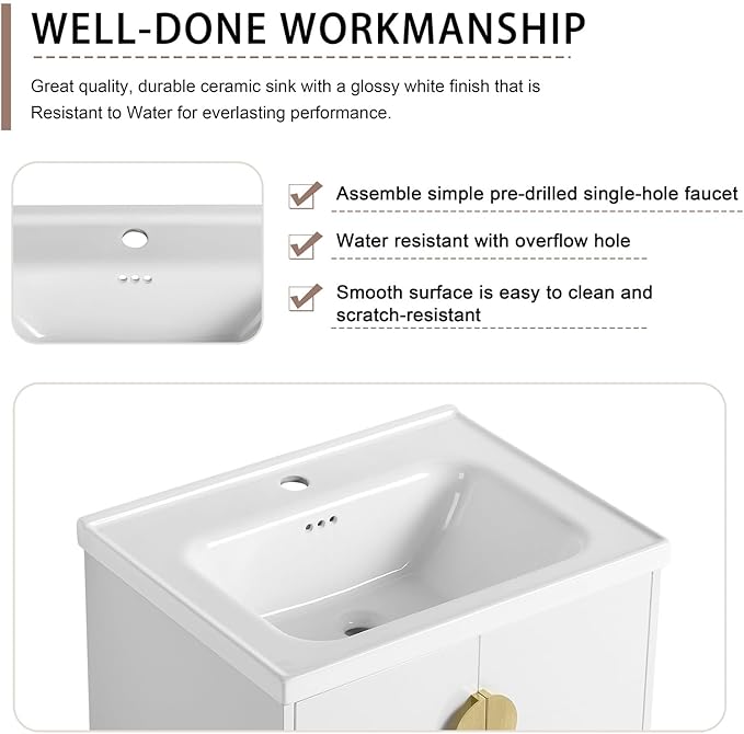 24inch Wall Mount Bathroom Vanity w/Sink Combo for Small Space, Ceramic Countertop Double Doors Modern Bathroom Vanity Cabinet, Floating White Bathroom Vanity and Sink Set w/Gold Handle