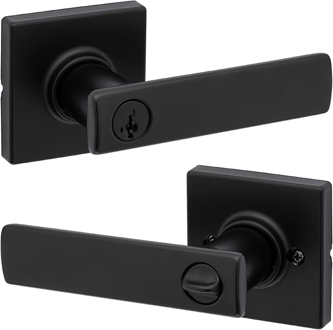 Kwikset Breton Entry Door Handle with Lock and Key, Secure Keyed Reversible Lever Exterior, For Front Entrance and Bedrooms, Matte Black , Pick Resistant Smartkey Rekey Security and Microban