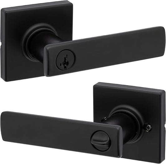 Kwikset Breton Entry Door Handle with Lock and Key, Secure Keyed Reversible Lever Exterior, For Front Entrance and Bedrooms, Matte Black , Pick Resistant Smartkey Rekey Security and Microban