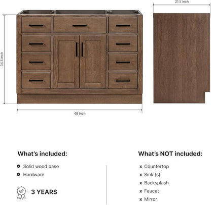 ARIEL Hepburn 48-inch Bathroom Vanity Base Cabinet,Solid Wood, 2 Soft Closing Doors, 9 Dovetail Drawers, Brown Oak