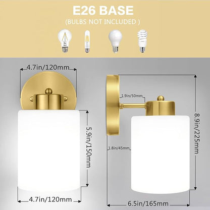 Frosted Wall Sconce Set of Two,Gold Sconce Bathroom Lighting,Modern Brass Vanity Light,Mid-Century Vanity Sconces for Bathroom,Livingroom,Kitchen