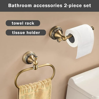 2-Piece Set Antique Brass Toilet Paper Holder, Brass Towel Ring Oval, Hand Towel Holder Bathroom Accessories Wall Mounted Vintage