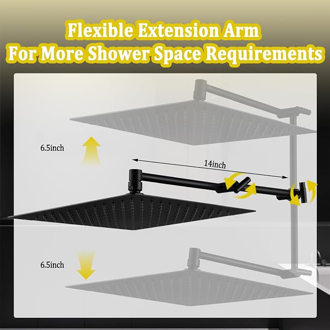 All Metal 12" Rainfall Shower Head with Handheld Spray Combo, High Pressure Rain Shower Heads with Adjustable Extension Arm, Wide Dual Waterfall Showerhead, Extra Long Shower Hose - Matte Black