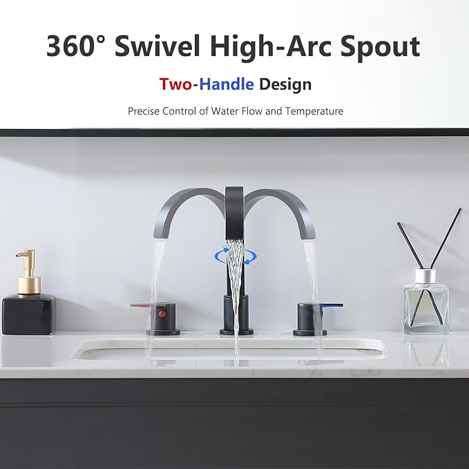 Matte Black Bathroom Faucet 3 Hole, 8 Inch Widespread 360° Swivel Waterfall Spout Two-Handle Bathroom Faucets with Water Hoses and Pop-up Drain for Sink Bath Vanity Lavatory VAL088BRH