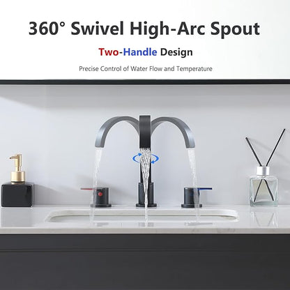 Matte Black Bathroom Faucet 3 Hole, 8 Inch Widespread 360° Swivel Waterfall Spout Two-Handle Bathroom Faucets with Water Hoses and Pop-up Drain for Sink Bath Vanity Lavatory VAL088BRH