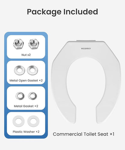 WSSROGY Commercial Round Plastics White Toilet Seat Front Open, Heavy-Duty up to 550lbs,Grip-Tight Bumpers, Quick-Attach Hardware for Easy Clean