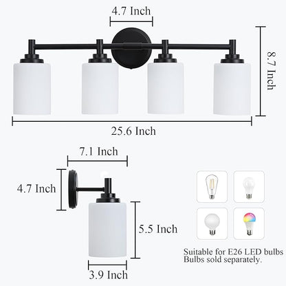 4-Light Bathroom Light Fixtures,Matte Black Bathroom Vanity Light Over Mirror with Cream White Glass Shade,Modern Farmhouse Wall Sconces Lighting for Bedroom Cabinet Kitchen Living Room
