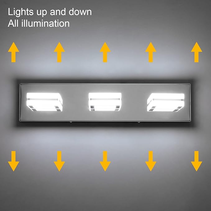 Ralbay Modern LED Vanity Light Fixtures 3 Lights Up and Down LED Modern Bathroom Vanity Lights Over Mirror Rotatable Acrylic Stainless Steel Chrome Bath Wall Lighting