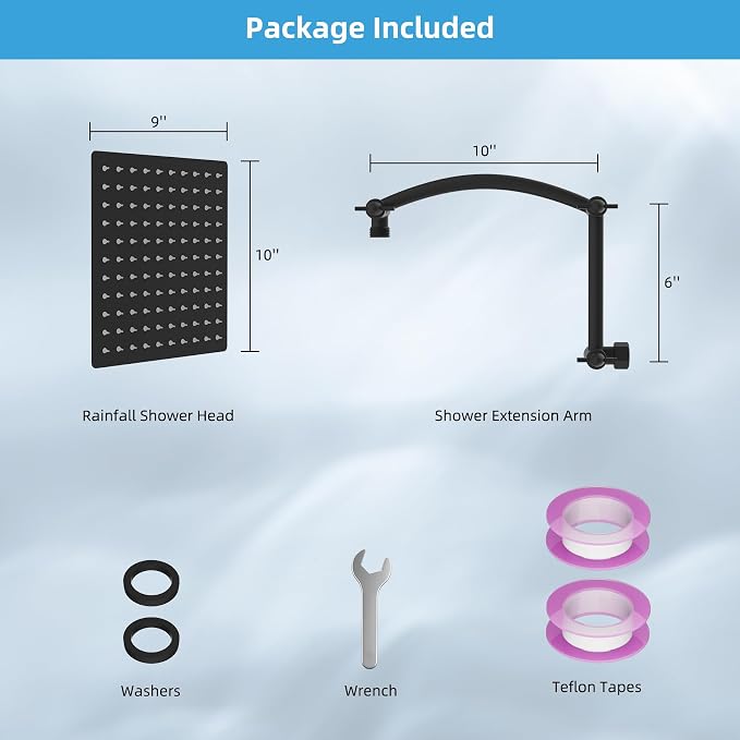 Hibbent All Metal 10'' Rain Shower Head, 16'' Extension Arm, Matte Black | cUPC Certified High Pressure Rainfall Showerhead with Solid Brass Adjustable Shower Head Extension Arm, Fixed Showerheads