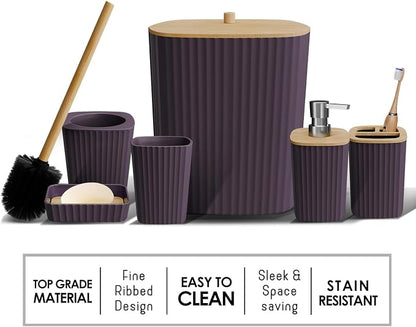 Clara Clark Bathroom Set - Purple Bathroom Accessories Set, 6PC Bathroom Accessory Set, Bathroom Sets with Bathroom Rugs, Adhesive Corner Shower Caddy Hanging, Toilet Brush, Trash Can & Soap Dispenser