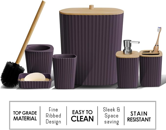 Clara Clark Bathroom Set - Purple Bathroom Accessories Set, 6PC Bathroom Accessory Set, Bathroom Sets with Toilet Brush, Trash Can & Soap Dispenser