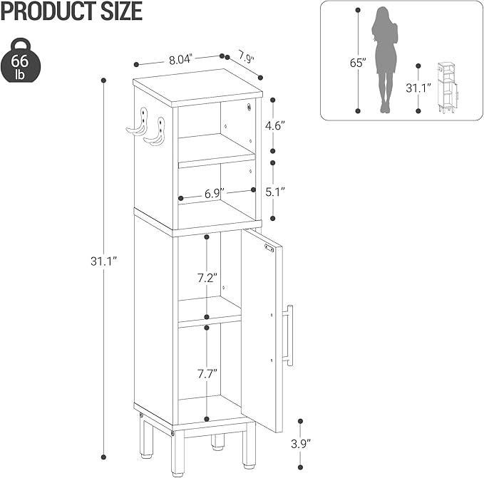 Bathroom Storage Cabinet, Corner Floor Cabinet with Door & Shelves, 2Hooks, Small Narrow Storage Organizer, Toilet Paper Cabinets for Small Space, White SC16313G