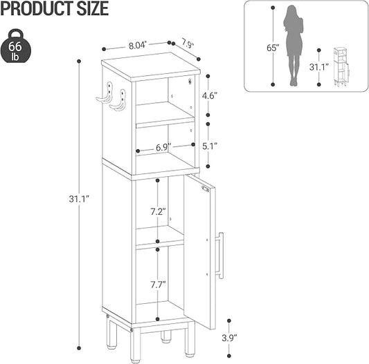 Bathroom Storage Cabinet, Corner Floor Cabinet with Door & Shelves, 2Hooks, Small Narrow Storage Organizer, Toilet Paper Cabinets for Small Space, White SC16313G