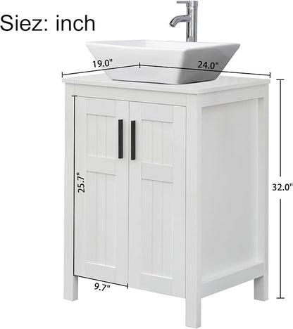UEV White 24" Bathroom Vanity with Sink Combo,Modern Vanity with Vessel Sink,Stylish Bathroom Vanity Cabinet,Grooved Doors & Metal Handles,Modern White Square Bowl Ceramic Vessel Sink(A07)