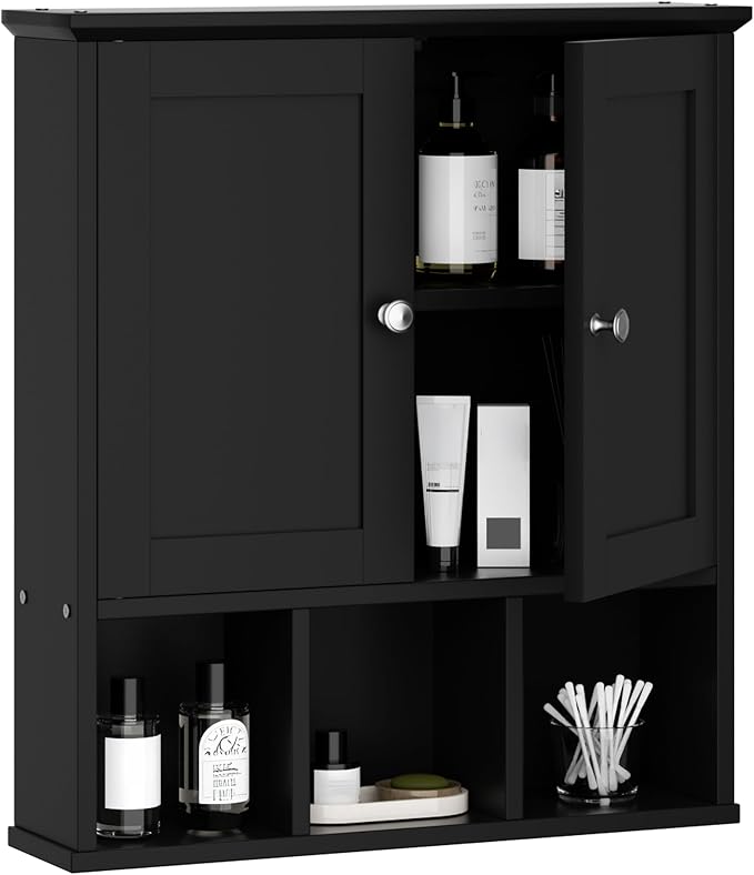Shintenchi Bathroom Medicine Cabinet, Wall Mounted, Adjustable Shelf, Black | Over The Toilet Cupboard, Open & Concealed Storage, 2 Magnet Doors, Space-Saving, Easy to Clean