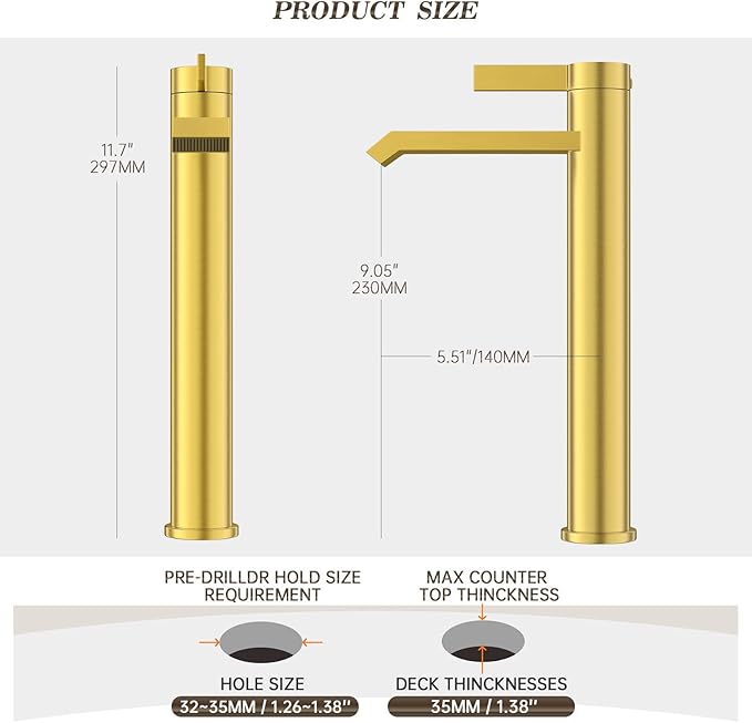 Phiestina Brushed Gold Tall Bathroom Faucet Brass Vessel Sink Faucet, Single Hole Single Handle Waterfall Above Counter Sink Faucet with Metal Pop Up Drain, FH04-BG-V