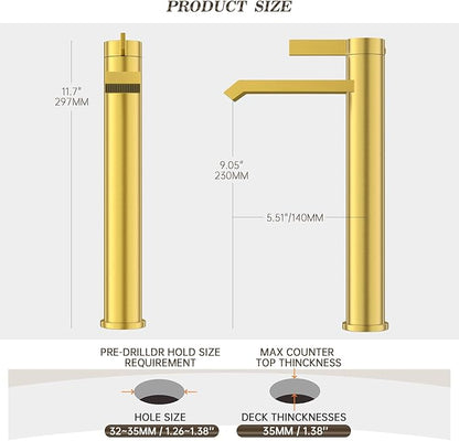 Phiestina Brushed Gold Tall Bathroom Faucet Brass Vessel Sink Faucet, Single Hole Single Handle Waterfall Above Counter Sink Faucet with Metal Pop Up Drain, FH04-BG-V