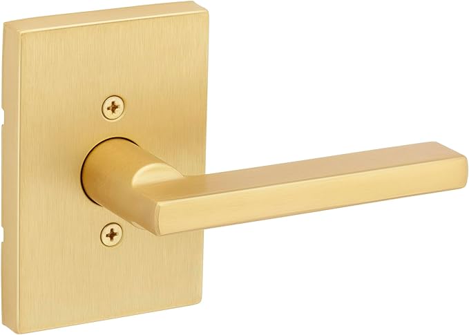 Kwikset Halifax Dummy Door Handle, Single Sided Lever for Closets, French Double Doors, and Pantry, Satin Brass Rectangle Non-Turning Reversible Interior Push/Pull Lever, with Microban Protection