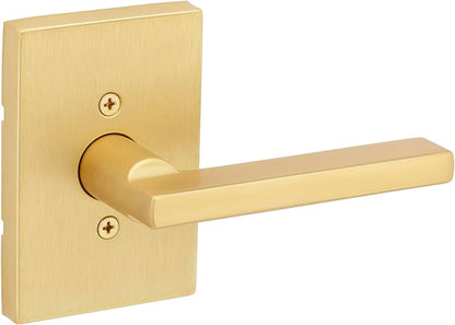 Kwikset Halifax Dummy Door Handle, Single Sided Lever for Closets, French Double Doors, and Pantry, Satin Brass Rectangle Non-Turning Reversible Interior Push/Pull Lever, with Microban Protection