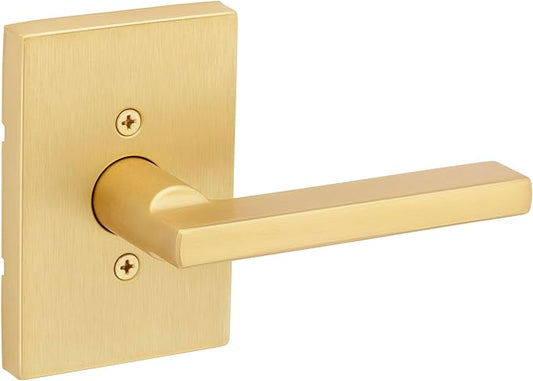 Kwikset Halifax Dummy Door Handle, Single Sided Lever for Closets, French Double Doors, and Pantry, Satin Brass Rectangle Non-Turning Reversible Interior Push/Pull Lever, with Microban Protection