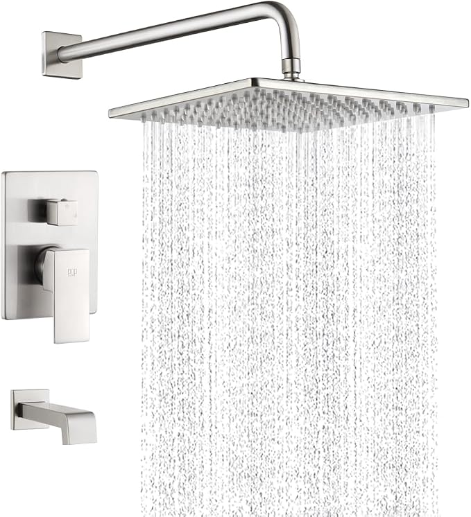 Shower Tub Faucet Set Brushed Nickel Bathroom Shower System with Tub Spout Wall Mounted Rainfall 10 Inch Thickened Shower Head and Handle Set Include Shower Valve and Trim Kit
