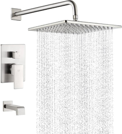 Shower Tub Faucet Set Brushed Nickel Bathroom Shower System with Tub Spout Wall Mounted Rainfall 10 Inch Thickened Shower Head and Handle Set Include Shower Valve and Trim Kit