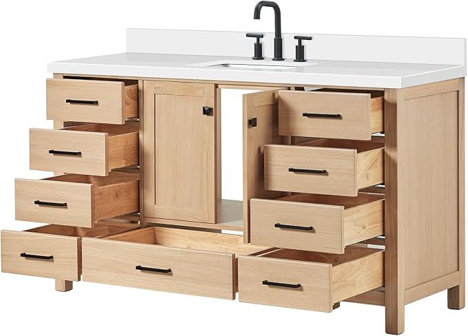 ARIEL Cambridge 60-inch Bathroom Vanity with Sink,Solid Wood, 1.5-inch Pure White Quartz Countertop, Single Rectangular Porcelain Sink, 2 Soft Closing Doors, 9 Dovetail Drawers, White Oak