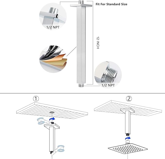 NearMoon Rain Shower Head With Shower Arm, Ceiling Mount Square Shower, Stainless Steel Ceiling Rainfall Showerhead- Waterfall Full Body Coverage (12 Inch, Chrome)