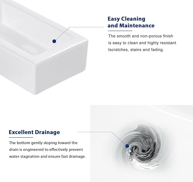 Sarlai Floating Vessel Sink - 15"x7" Wall Hang Small Bathroom Sinks Modern Rectangle Floating White Porcelain Ceramic Garden Wash Hand Sink, Left Hand