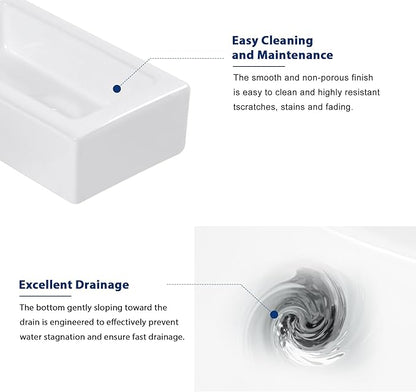 Sarlai Floating Vessel Sink - 15"x7" Wall Hang Small Bathroom Sinks Modern Rectangle Floating White Porcelain Ceramic Garden Wash Hand Sink, Left Hand