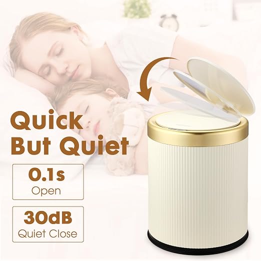 Automatic Bathroom Trash Can with Lid,Motion Sensor Small Trash cans | 2.8 Gallon Touchless Garbage Can, Cute Small Plastic Wastebasket,Sensor White and Gold Trash Bin for kitchen,Bedroom,Office