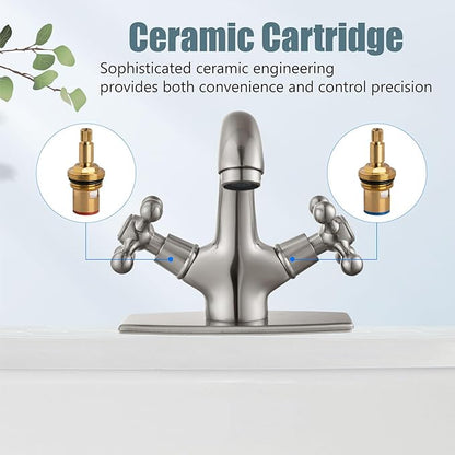 Aolemi Bathroom Sink Faucet Single Hole Cold and Hot Double Handle Cross Knobs Vanity Vessel Sink Basin Mixer Tap with Deck Cover Plate with Pop Up Drain Brushed Nickel