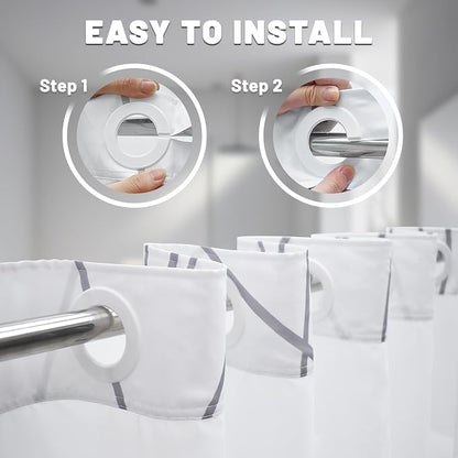 No Hook Shower Curtain with Liner, Gray White, 60 x 74 Inch | Stripe Pattern,Waterproof,Quick Dry,Mesh Top Window,Bottom Magnets,Hotel Style,Machine Washable,Modern,for Bathroom