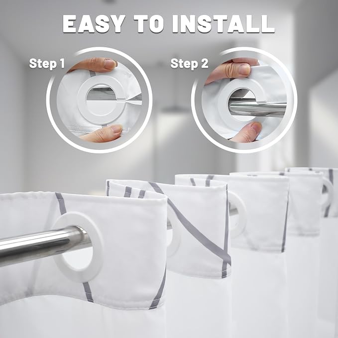 No Hook Shower Curtain with Snap-in Liner, Gray White, 71 x 80 Inch | Stripe Pattern,Waterproof,Quick Dry,Mesh Top Window,Bottom Magnets,Hotel Style,Machine Washable,Modern,for Bathroom