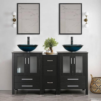 60" Black Bathroom Vanity,Double Vanity,0.5"Tempered Glass Vessel Sink (Light Blue),ORB Faucet,Drain Parts,Bathroom Vanity Top,Glass Sink Bowl,Vanity Pedestal,Mounting Ring Include,Mirror Not Included