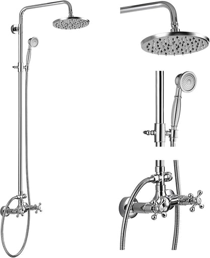 gotonovo Exposed Bathroom Shower Faucet Set Shower Fixture 8 Inch Rainfall Shower Head Handheld Shower Cross Handle Wall Mount 2 Functions Polished Chrome
