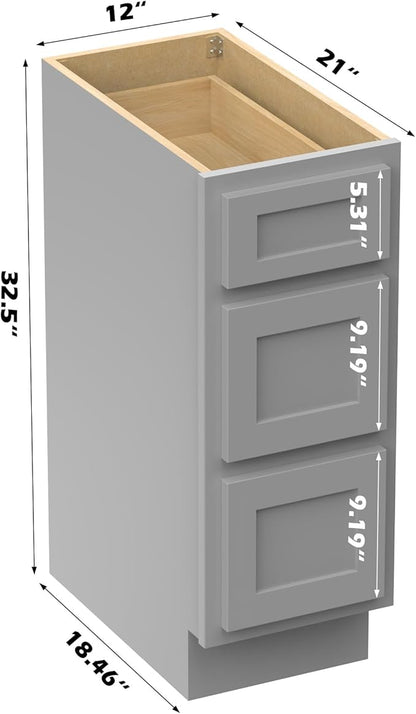 Vanity Art 12 Inch Bathroom Vanity Small Base Cabinet with 3 Soft Closing Shaker Drawers, Strudy Floor Mount Cabinets for Storage Shaving, Washroom Accessories, VA4012-3G