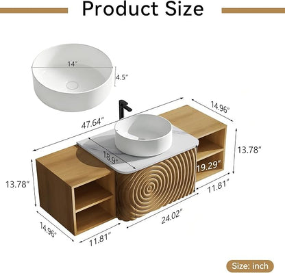 48" Floating Bathroom Vanity with Sink, Mid-Century Wall Mounted Bathroom Vanity Cabinet with Wood Waved Decor,Ceramic Vessel Basin and Sintered Stone Top, Soft Close Drawer, 2 Side Open Cube