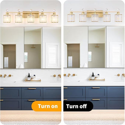 Lxybcce Bathroom Vanity Lights Over Mirror - Easy Installation with Clear Guide, 5-Light Shadow-Free Design, Gold Crystal Finish - for Modern Home Bathroom Lighting Fixtures in DIY Projects