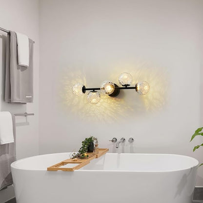 LED Bathroom Vanity Light Fixtures,Modern Black Makeup Bathroom Lighting | 5 Lights Hammered Clear Globe Glass Wall Sconce,Dimmable Mid Century Modern Bubble Glass Bathroom Vanity Lights over Mirror