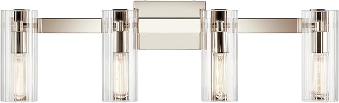 Kichler Jemsa 4 Light Vanity, Modern Light with Clear Fluted Glass in Polished Nickel for Bathroom or Powder Room (9.75" x 32"), 55169PN