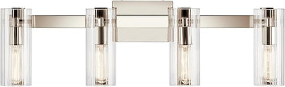 Kichler Jemsa 4 Light Vanity, Modern Light with Clear Fluted Glass in Polished Nickel for Bathroom or Powder Room (9.75" x 32"), 55169PN
