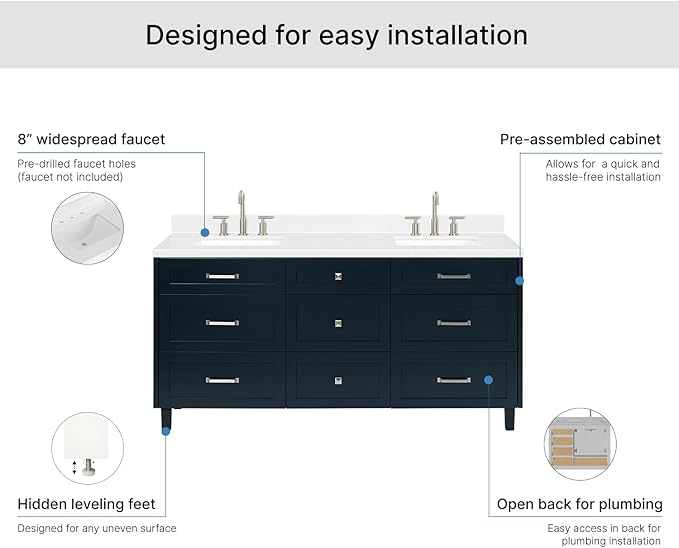 ARIEL Monroe 72-inch Bathroom Vanity with Sink,Solid Wood, 1.5-inch Carrara White Quartz Countertop & Backsplash, Double Oval Porcelain Sink, 9 Dovetail Drawers, Brushed Nickel, Midnight Blue